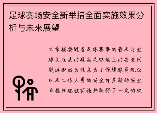 足球赛场安全新举措全面实施效果分析与未来展望
