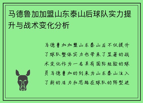 马德鲁加加盟山东泰山后球队实力提升与战术变化分析