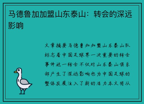 马德鲁加加盟山东泰山：转会的深远影响