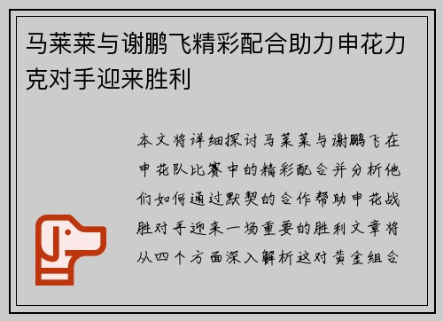 马莱莱与谢鹏飞精彩配合助力申花力克对手迎来胜利