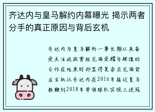 齐达内与皇马解约内幕曝光 揭示两者分手的真正原因与背后玄机 齐达内与皇马解约内幕曝光 揭示两者分手的真正原因与背后玄机
